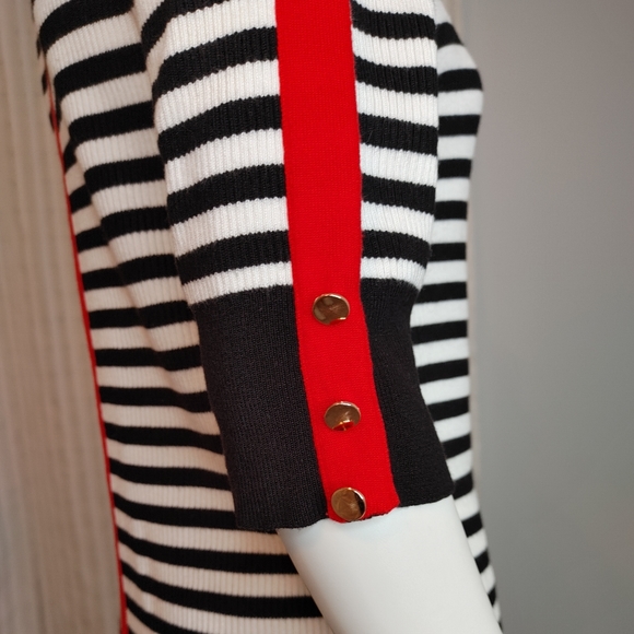 MARINA V PARIS STRIPED TURTLENECK SWEATER,BLACK/WHITE/RED T4 (Fits like M) - Picture 5 of 9